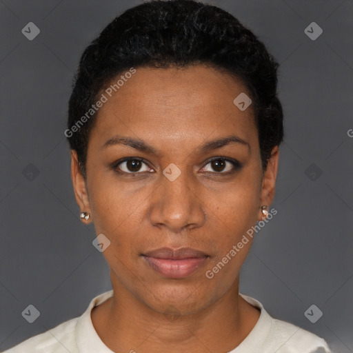 Neutral black young-adult female with short  black hair and brown eyes