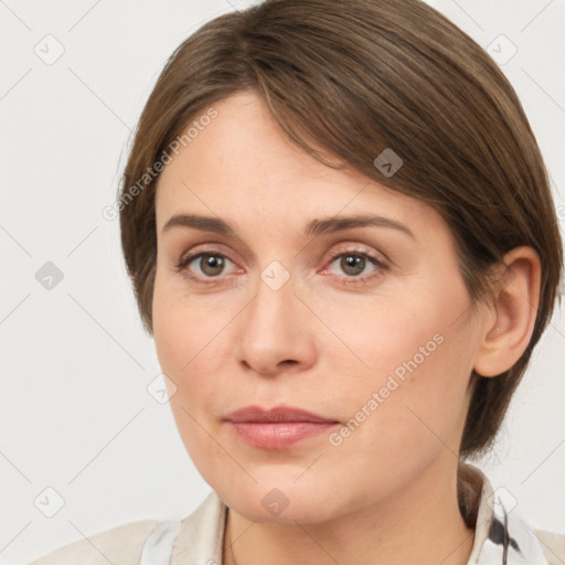 Neutral white young-adult female with medium  brown hair and grey eyes