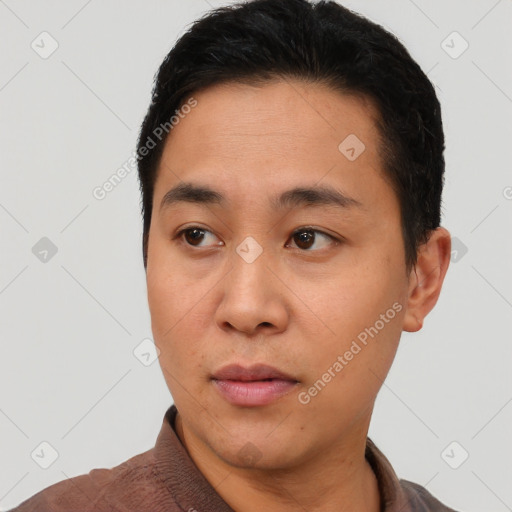 Neutral asian young-adult male with short  black hair and brown eyes