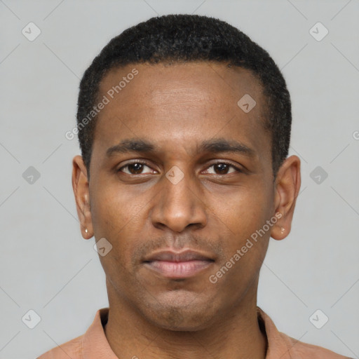 Neutral latino young-adult male with short  black hair and brown eyes