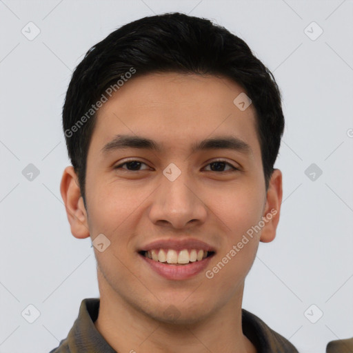 Joyful white young-adult male with short  black hair and brown eyes