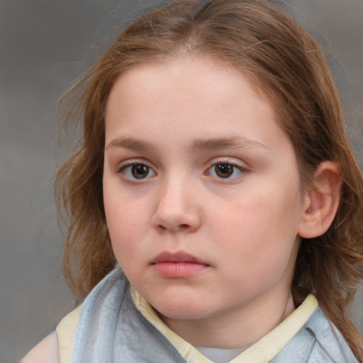 Neutral white child female with medium  brown hair and blue eyes