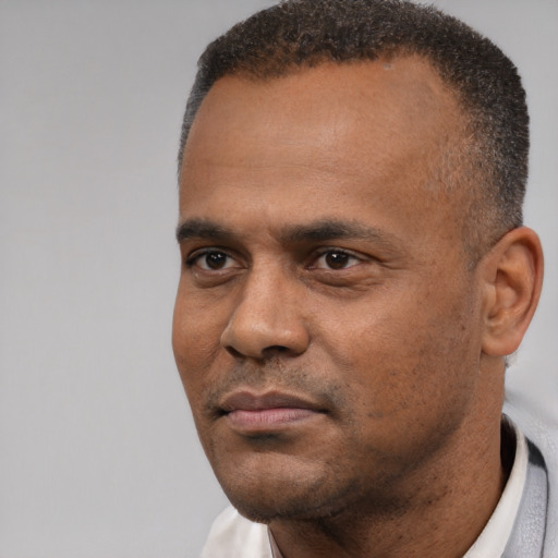 Neutral black adult male with short  black hair and brown eyes