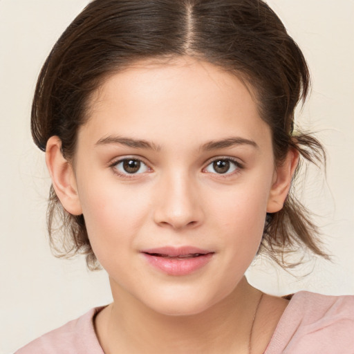 Joyful white child female with medium  brown hair and brown eyes