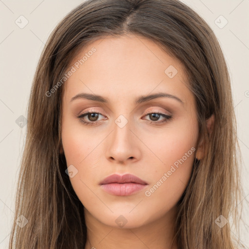 Neutral white young-adult female with long  brown hair and brown eyes