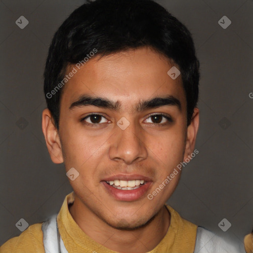 Joyful latino young-adult male with short  black hair and brown eyes