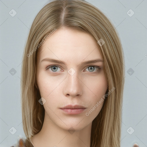 Neutral white young-adult female with long  brown hair and grey eyes