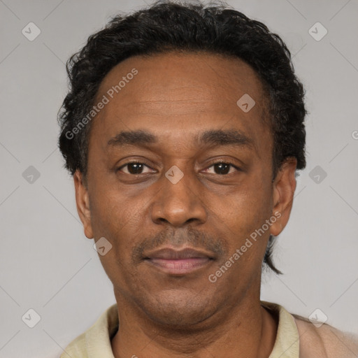 Neutral latino adult male with short  black hair and brown eyes