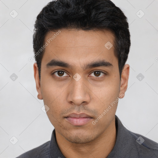 Neutral latino young-adult male with short  black hair and brown eyes