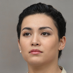 Neutral asian young-adult female with short  black hair and brown eyes