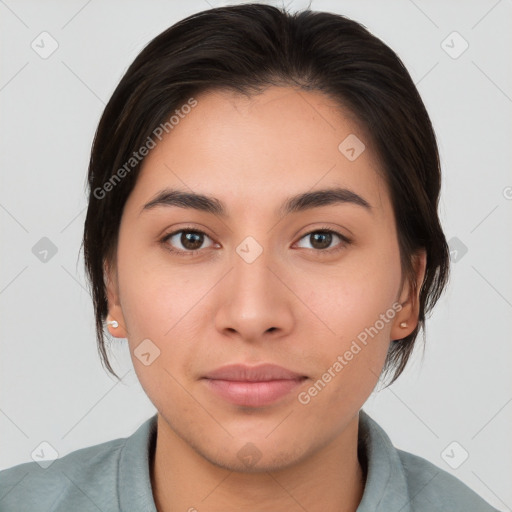 Neutral white young-adult female with medium  brown hair and brown eyes