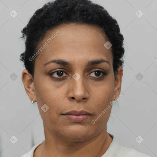 Neutral black young-adult female with short  brown hair and brown eyes