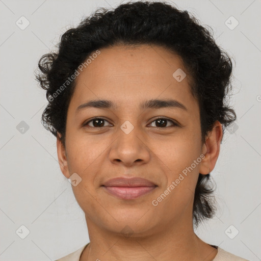 Joyful latino young-adult female with short  brown hair and brown eyes