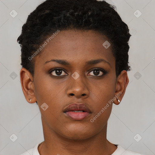 Neutral black young-adult female with short  brown hair and brown eyes