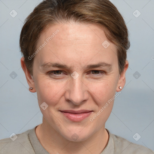 Joyful white adult female with short  brown hair and grey eyes