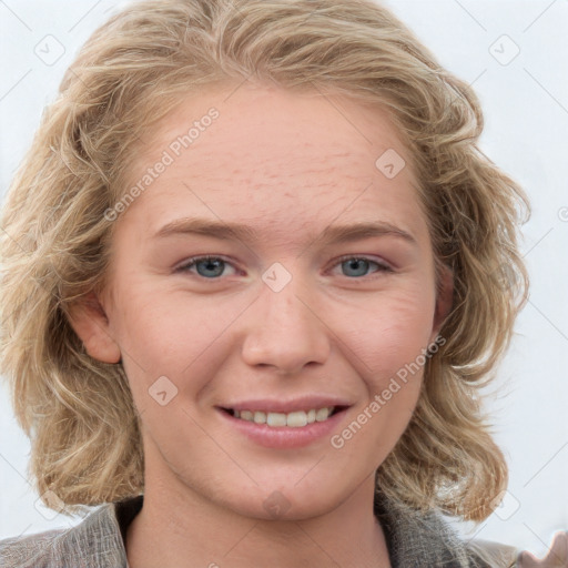 Joyful white young-adult female with medium  brown hair and blue eyes