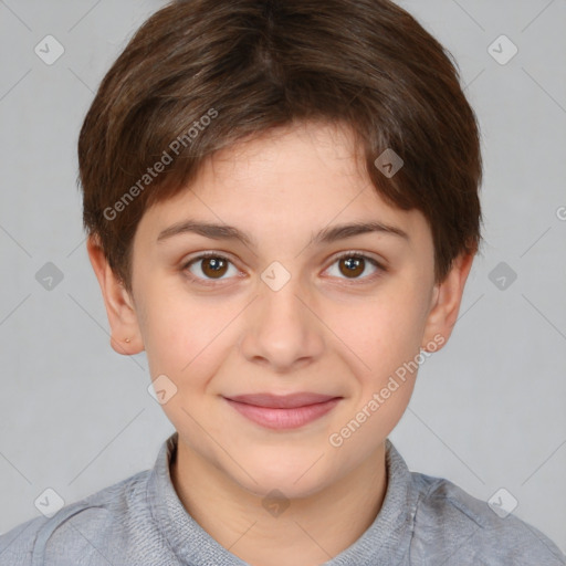 Joyful white child female with short  brown hair and brown eyes