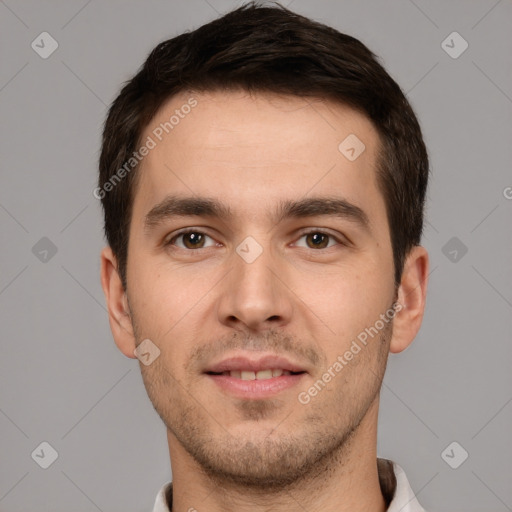 Neutral white young-adult male with short  brown hair and brown eyes