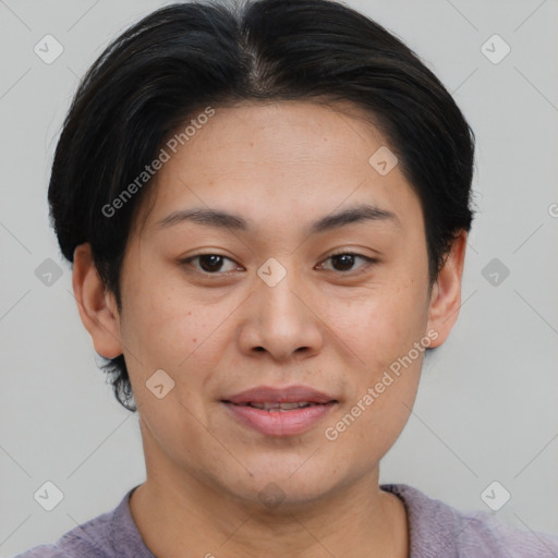 Joyful asian young-adult female with short  brown hair and brown eyes