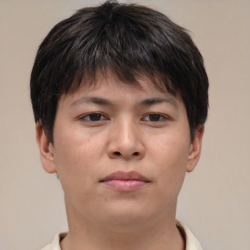Neutral asian young-adult female with short  brown hair and brown eyes
