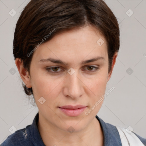 Neutral white young-adult female with short  brown hair and brown eyes