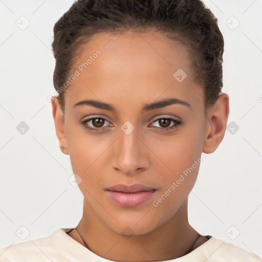 Joyful latino young-adult female with short  brown hair and brown eyes