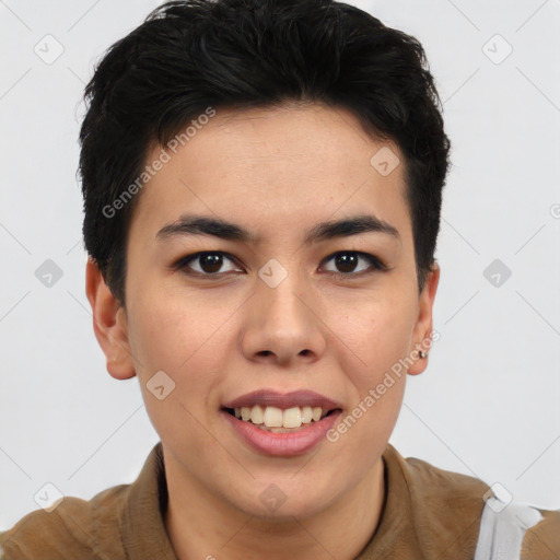 Joyful asian young-adult female with short  brown hair and brown eyes