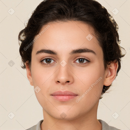 Neutral white young-adult female with short  brown hair and brown eyes