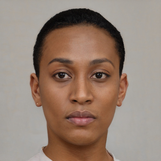 Neutral black young-adult female with short  black hair and brown eyes