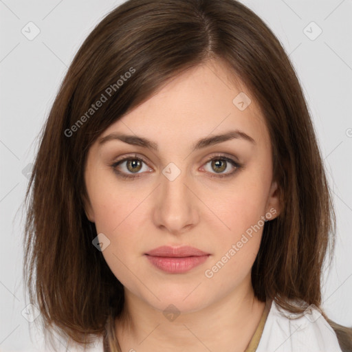 Neutral white young-adult female with medium  brown hair and brown eyes