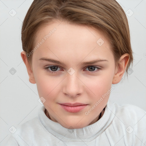 Joyful white child female with short  brown hair and brown eyes