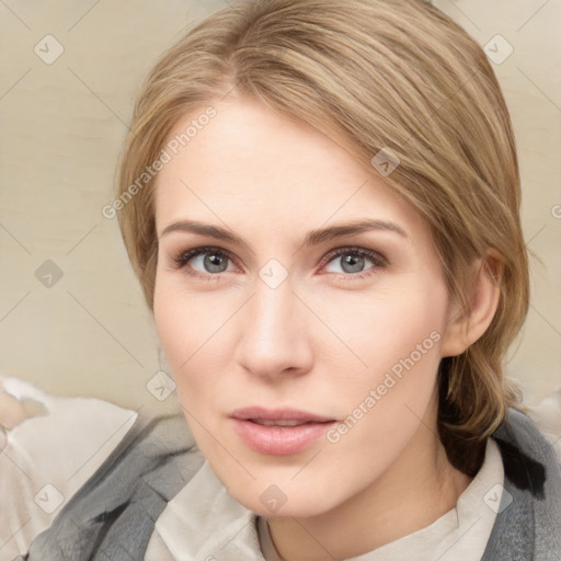 Neutral white young-adult female with medium  brown hair and grey eyes