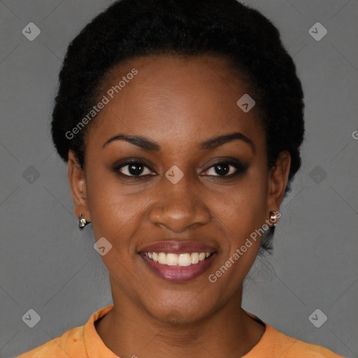 Joyful latino young-adult female with short  black hair and brown eyes