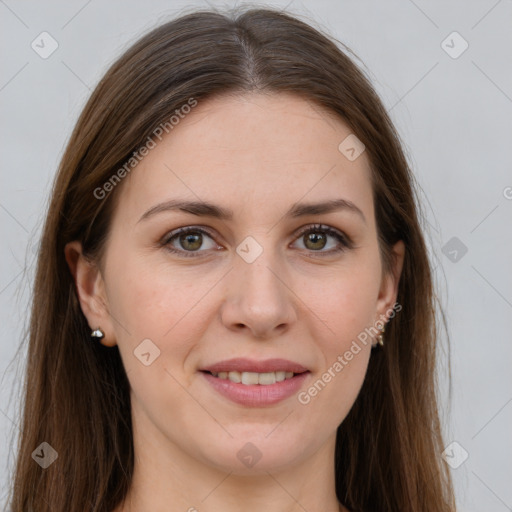 Joyful white young-adult female with long  brown hair and grey eyes