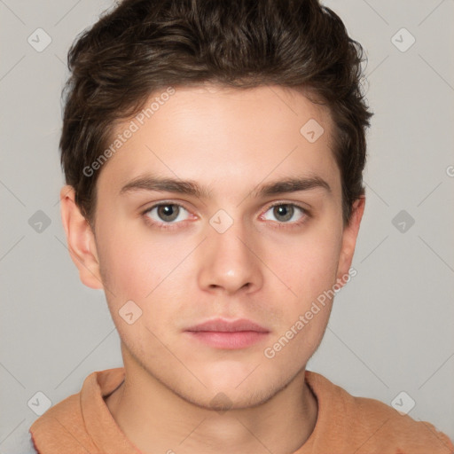 Neutral white young-adult male with short  brown hair and grey eyes