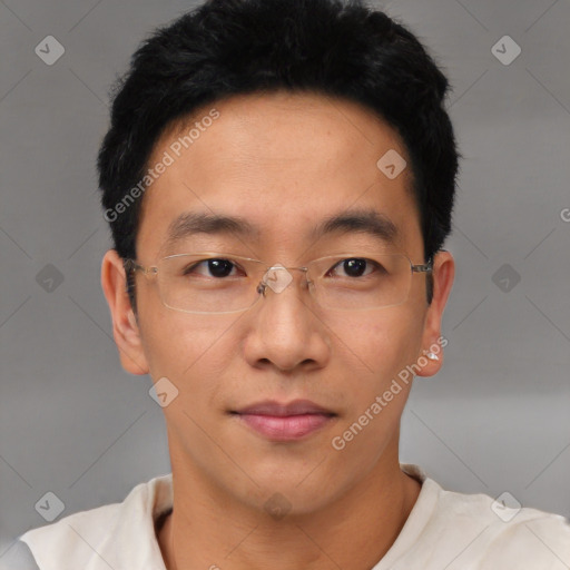 Neutral asian young-adult male with short  black hair and brown eyes