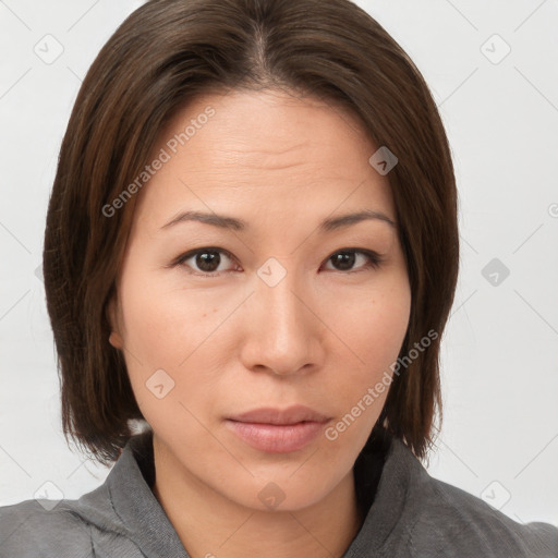 Neutral white young-adult female with medium  brown hair and brown eyes