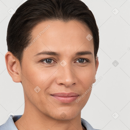 Joyful white young-adult female with short  brown hair and brown eyes