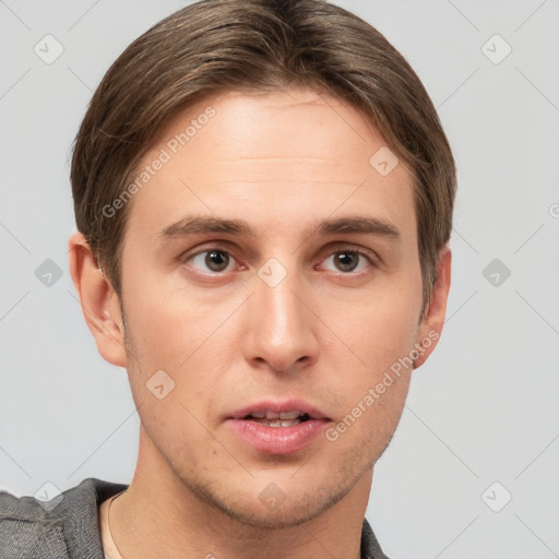 Neutral white young-adult male with short  brown hair and grey eyes