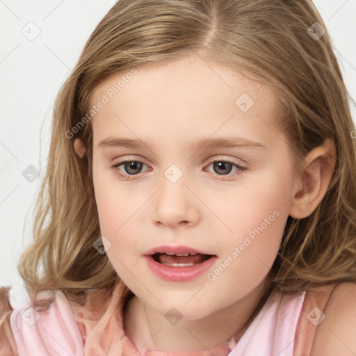 Joyful white child female with medium  brown hair and brown eyes