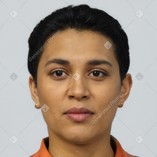 Neutral latino young-adult female with short  black hair and brown eyes