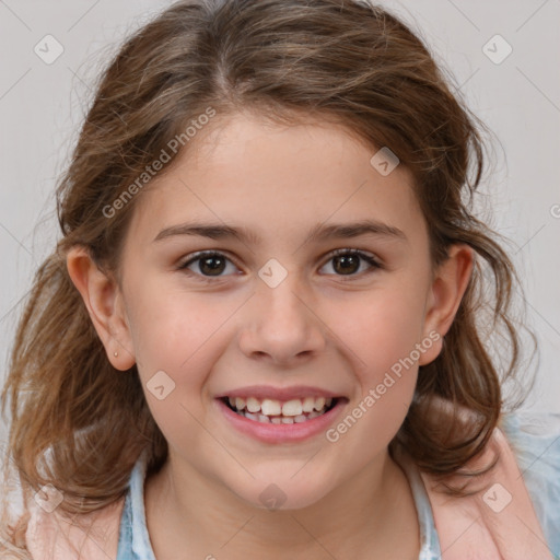 Joyful white child female with medium  brown hair and brown eyes