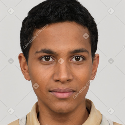 Neutral latino young-adult male with short  black hair and brown eyes