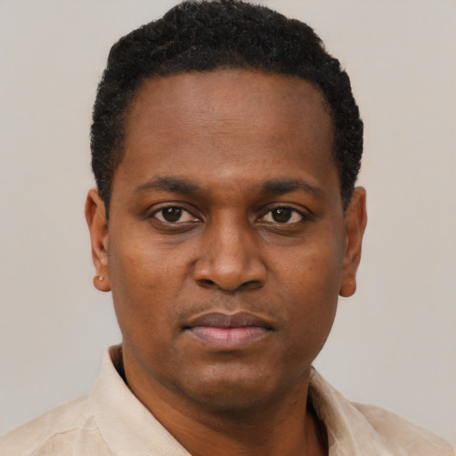 Neutral black young-adult male with short  black hair and brown eyes