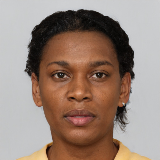Neutral black young-adult female with short  black hair and brown eyes
