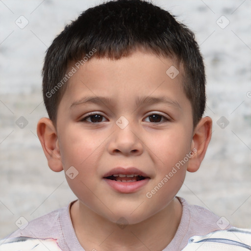 Joyful white child male with short  brown hair and brown eyes