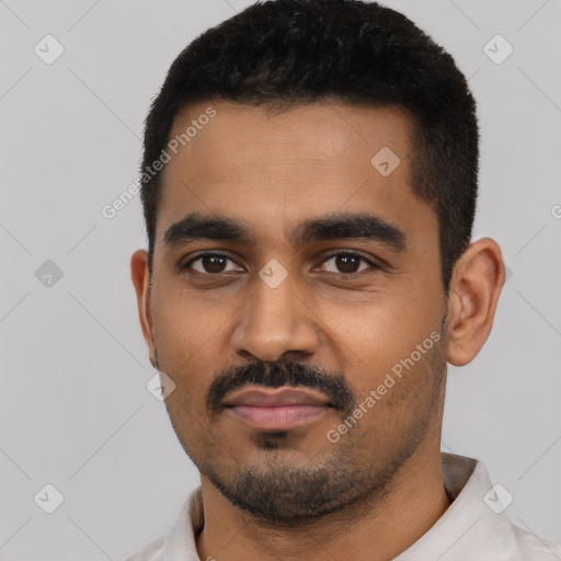 Neutral black young-adult male with short  black hair and brown eyes