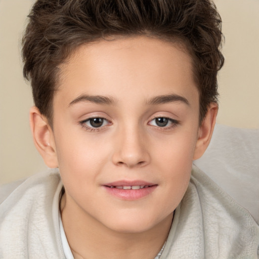 Joyful white child female with short  brown hair and brown eyes