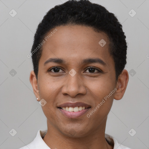 Joyful latino young-adult female with short  black hair and brown eyes