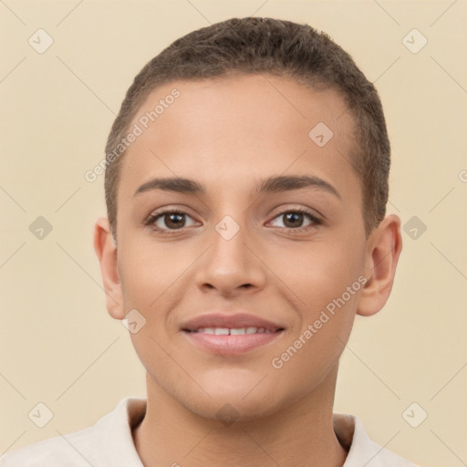 Joyful white young-adult female with short  brown hair and brown eyes